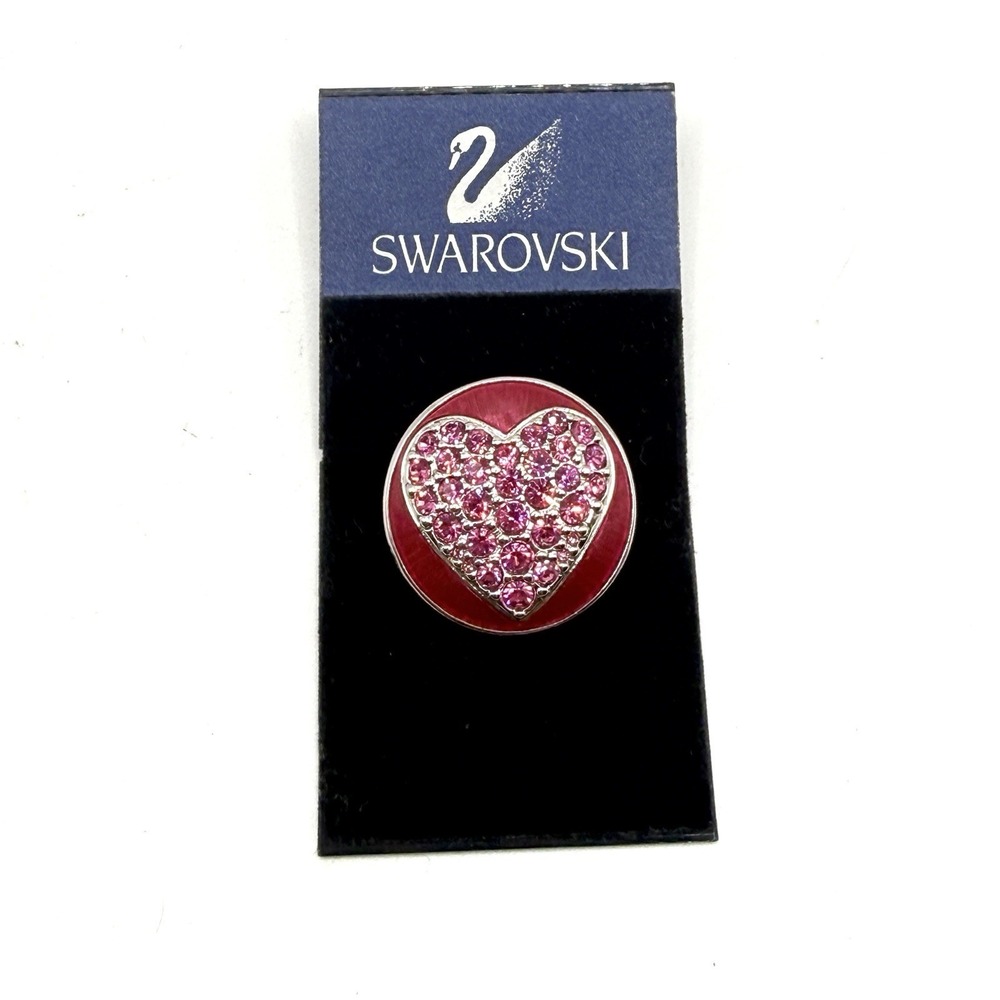 Vintage Swarovski Swan Rhinestone Red Enamel Heart Silver Tone Brooch Pin